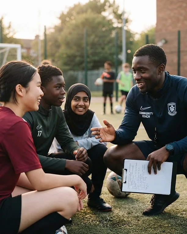 A coach talking with young people outdoors