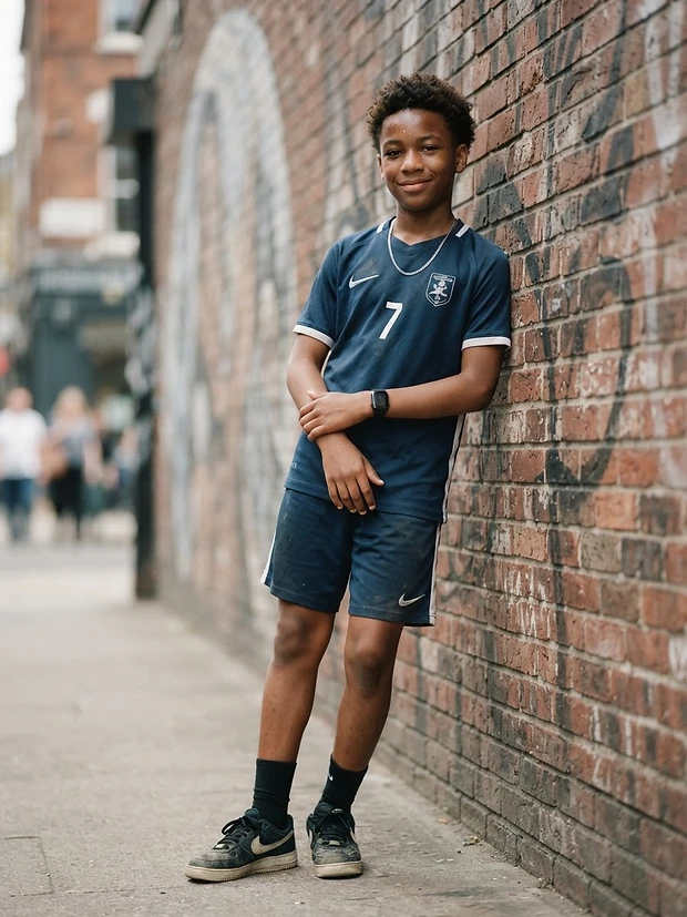 A young person standing beside a brick wall
